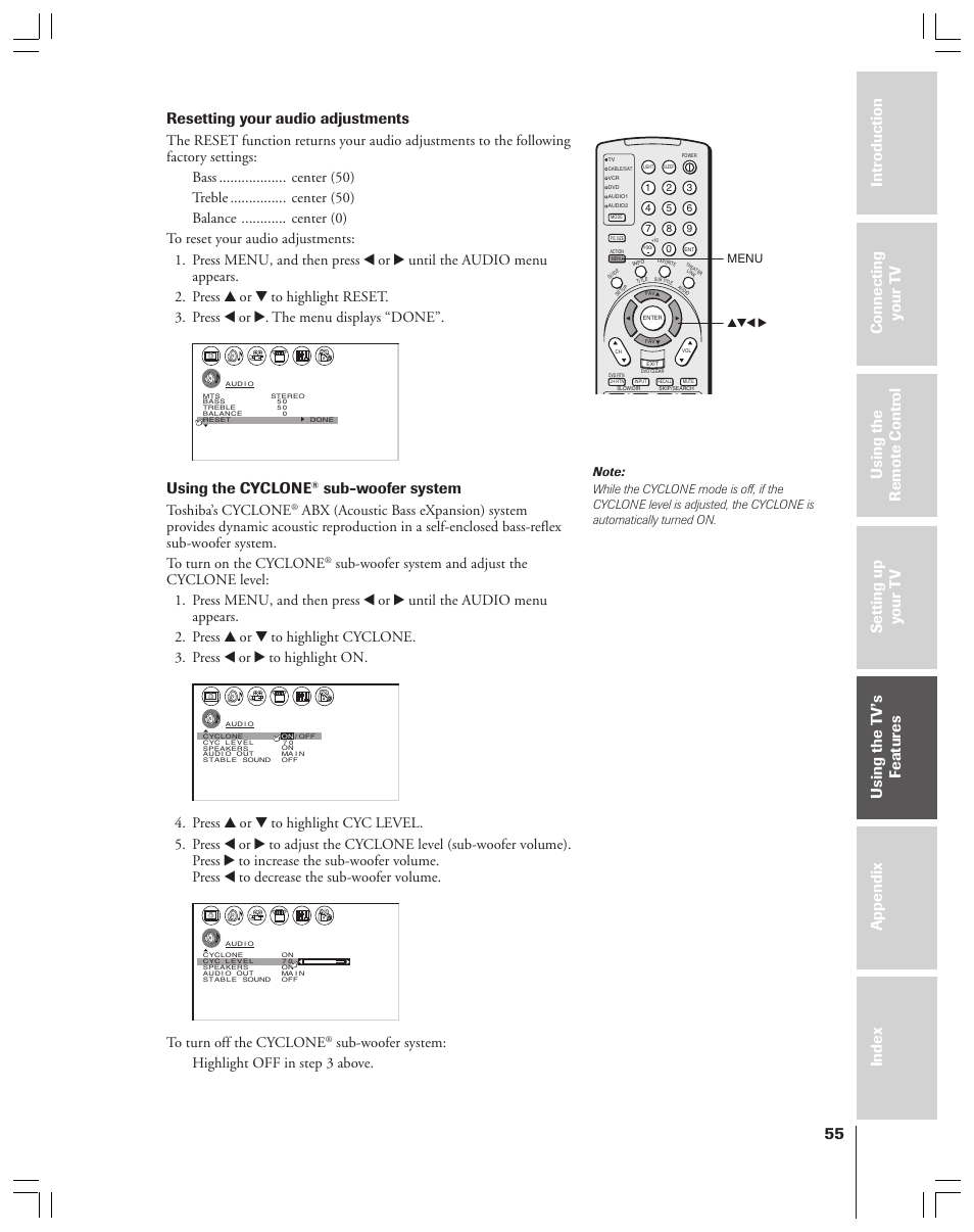 Resetting your audio adjustments, Using the cyclone, Sub-woofer system | Toshiba’s cyclone, Sub-woofer system: highlight off in step 3 above, Yzx • menu | Toshiba 34HFX83 User Manual | Page 55 / 64