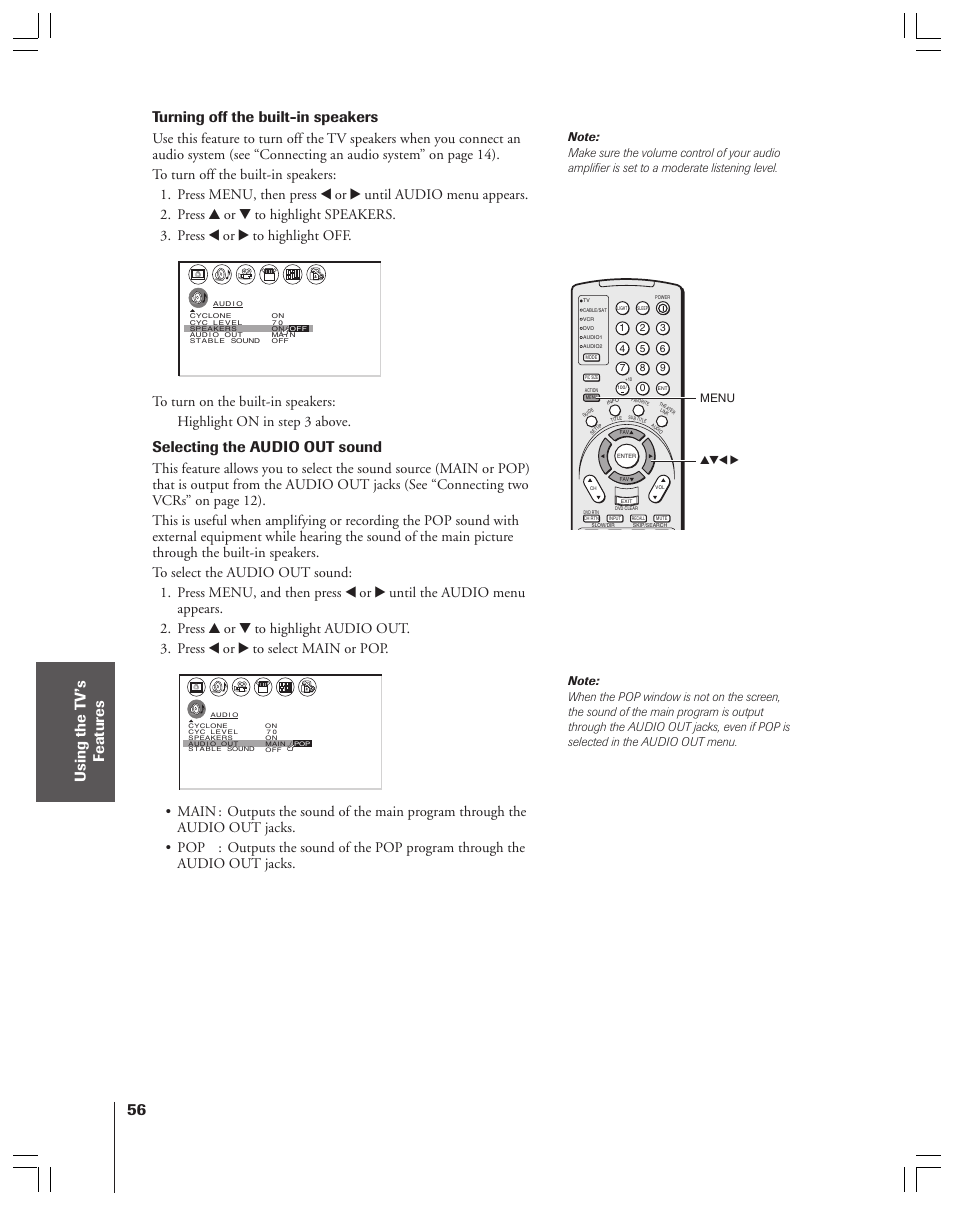 Turning off the built-in speakers, Selecting the audio out sound, Yzx • menu | Toshiba 34HFX83 User Manual | Page 56 / 64