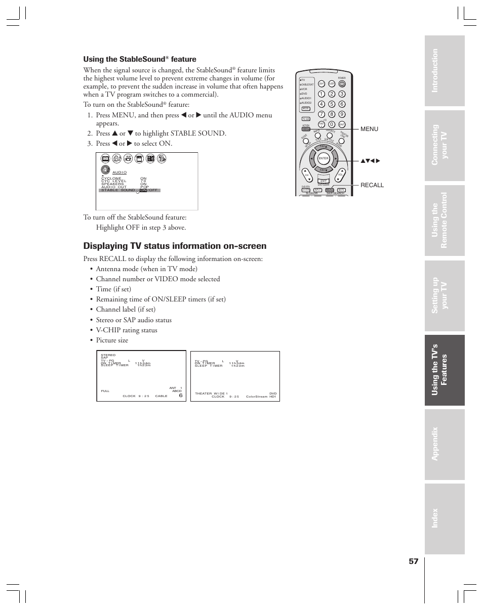 Displaying tv status information on-screen, Using the stablesound, Feature | When the signal source is changed, the stablesound, Yzx • menu recall | Toshiba 34HFX83 User Manual | Page 57 / 64