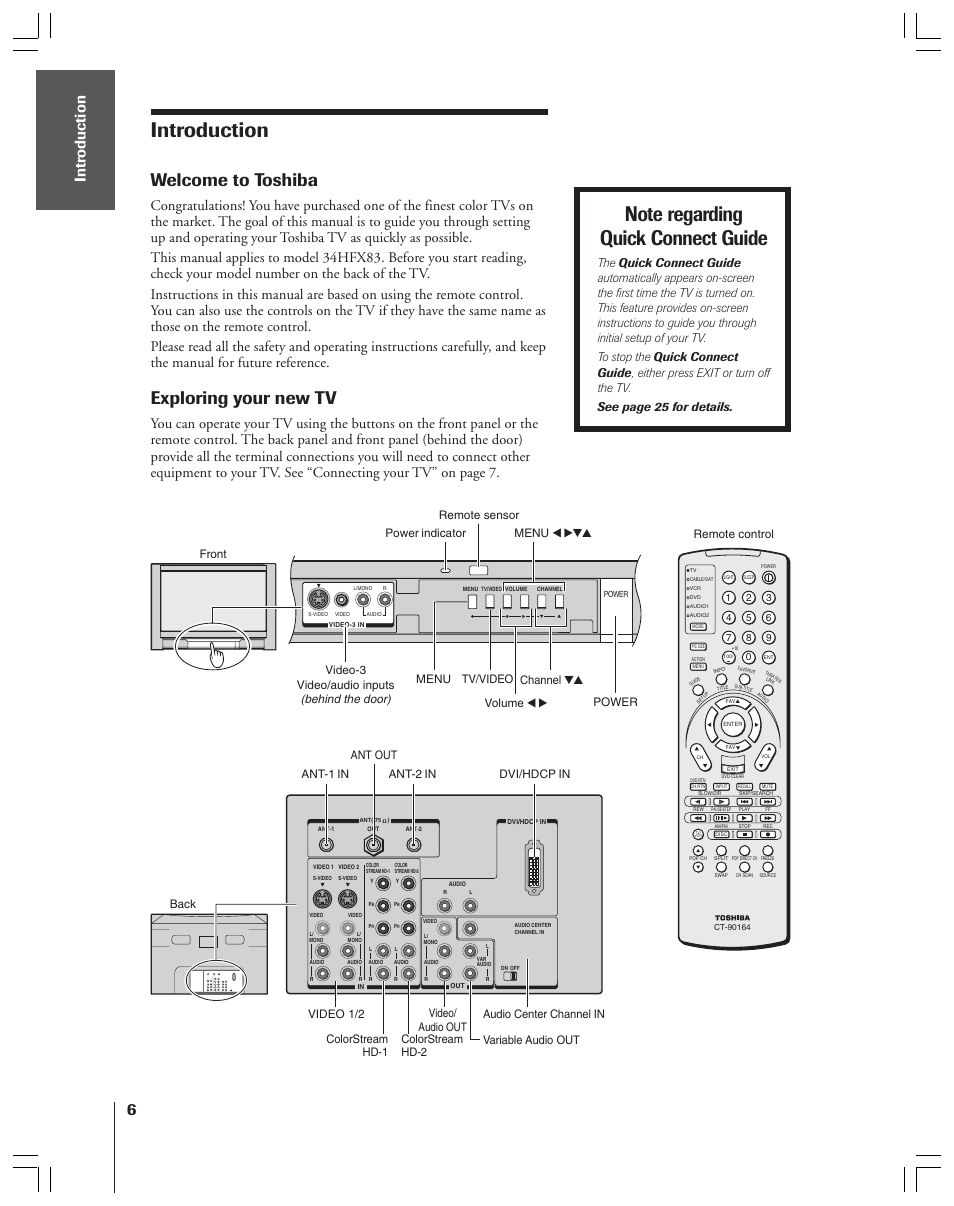 Introduction, Welcome to toshiba, Exploring your new tv | Behind the door) | Toshiba 34HFX83 User Manual | Page 6 / 64