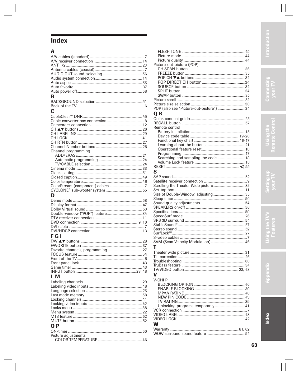 Index | Toshiba 34HFX83 User Manual | Page 63 / 64