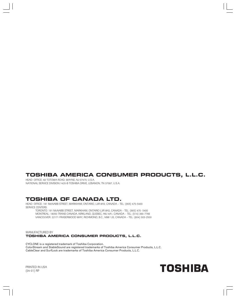 Back cover, Toshiba america consumer products, l.l.c, Toshiba of canada ltd | Toshiba 34HFX83 User Manual | Page 64 / 64