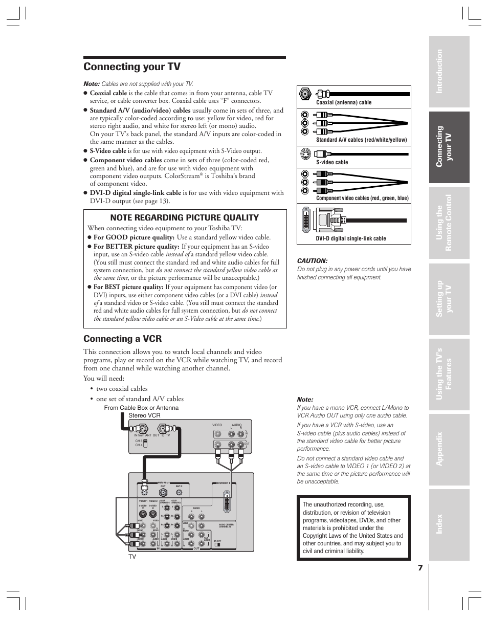 Connecting your tv, Connecting a vcr, Is toshiba’s brand of component video | When connecting video equipment to your toshiba tv | Toshiba 34HFX83 User Manual | Page 7 / 64