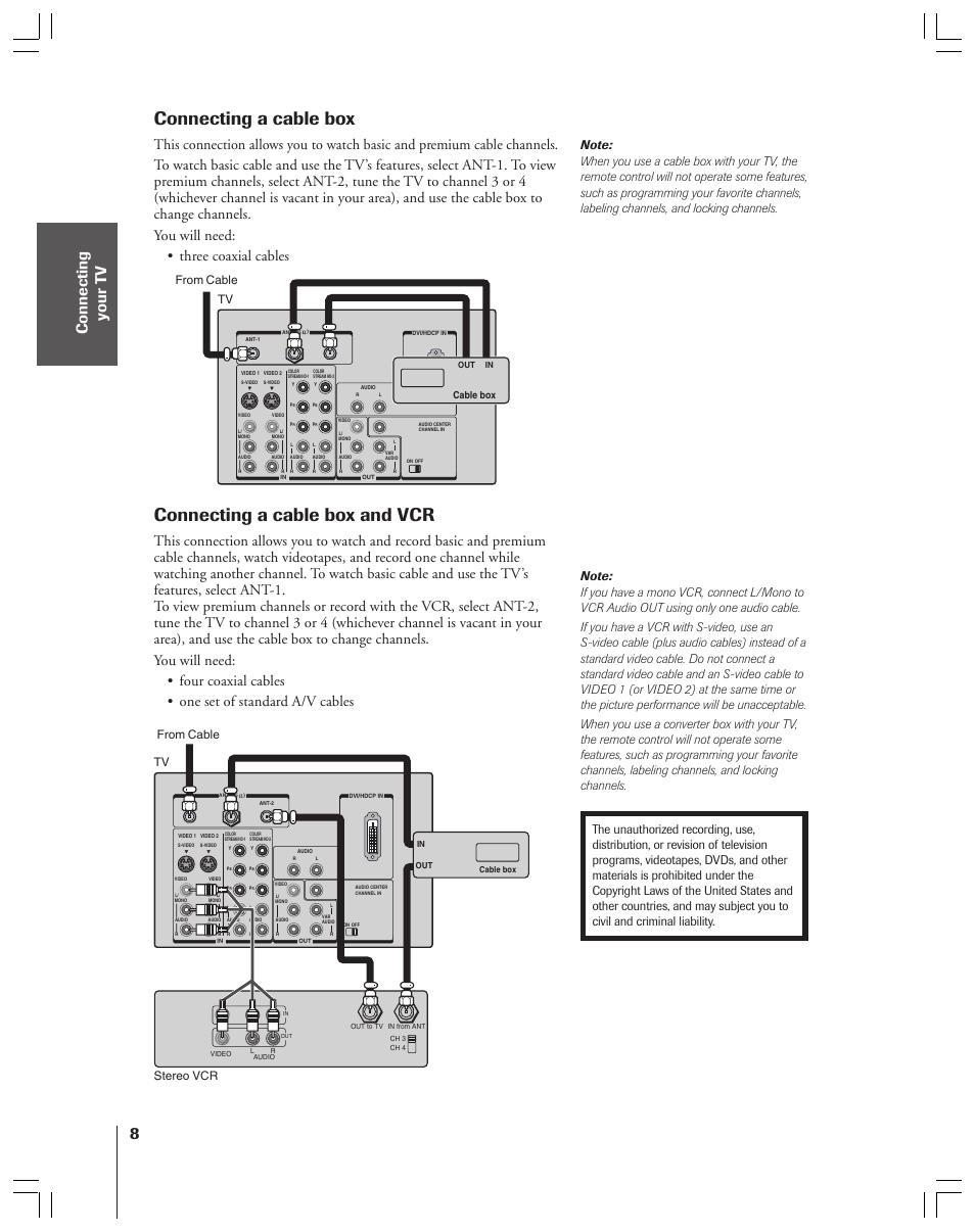 Cable box / cable box and vcr, Connecting a cable box, Connecting a cable box and vcr | Tv from cable tv from cable stereo vcr | Toshiba 34HFX83 User Manual | Page 8 / 64