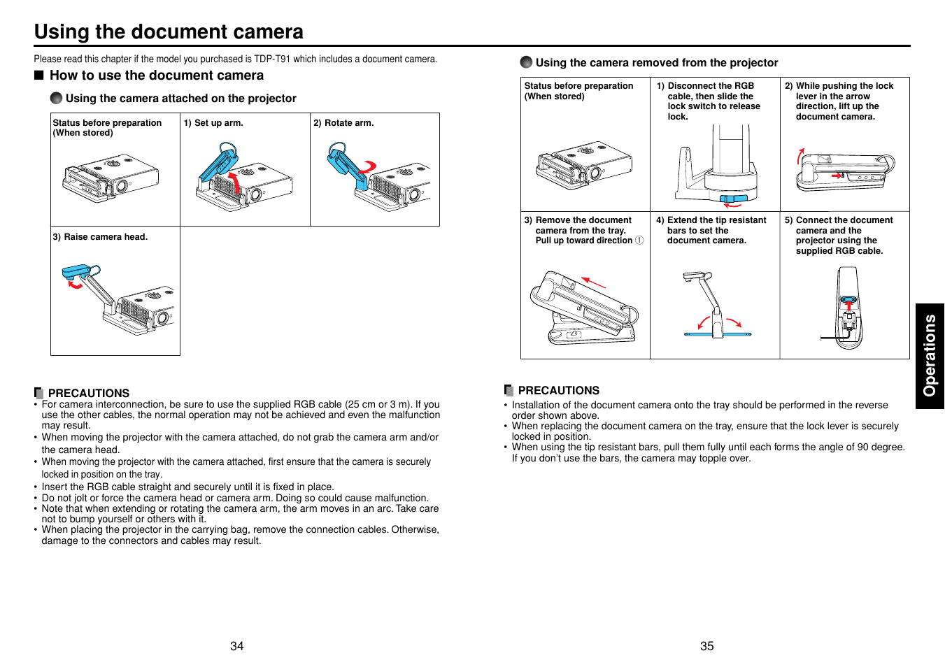 Using the document camera, How to use the document camera, Operations | Toshiba TDP-T91 User Manual | Page 18 / 25