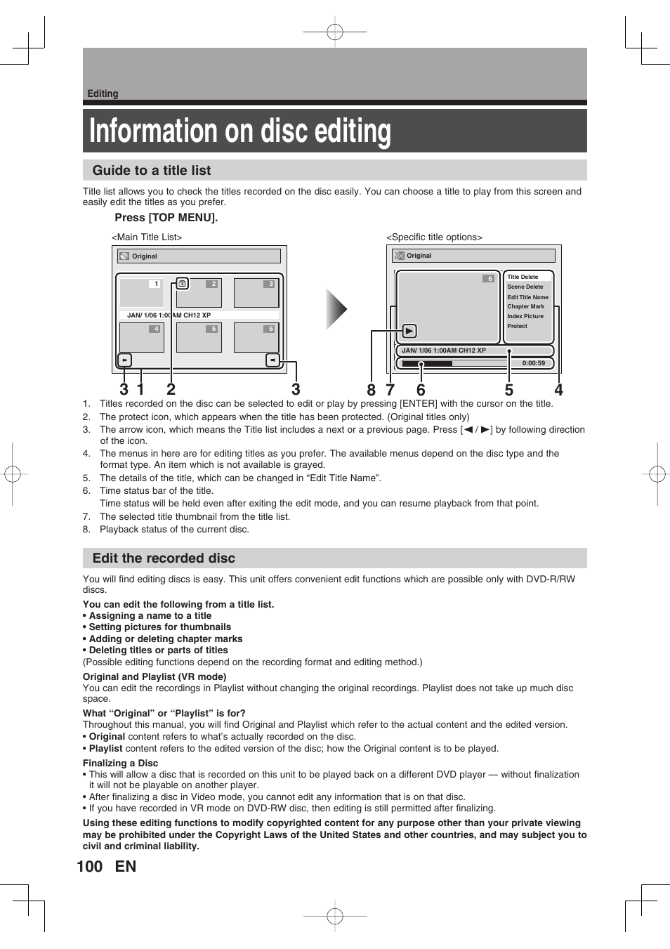 Information on disc editing, Guide to a title list, Edit the recorded disc | Toshiba D-RW2SU/D-RW2SC User Manual | Page 100 / 159