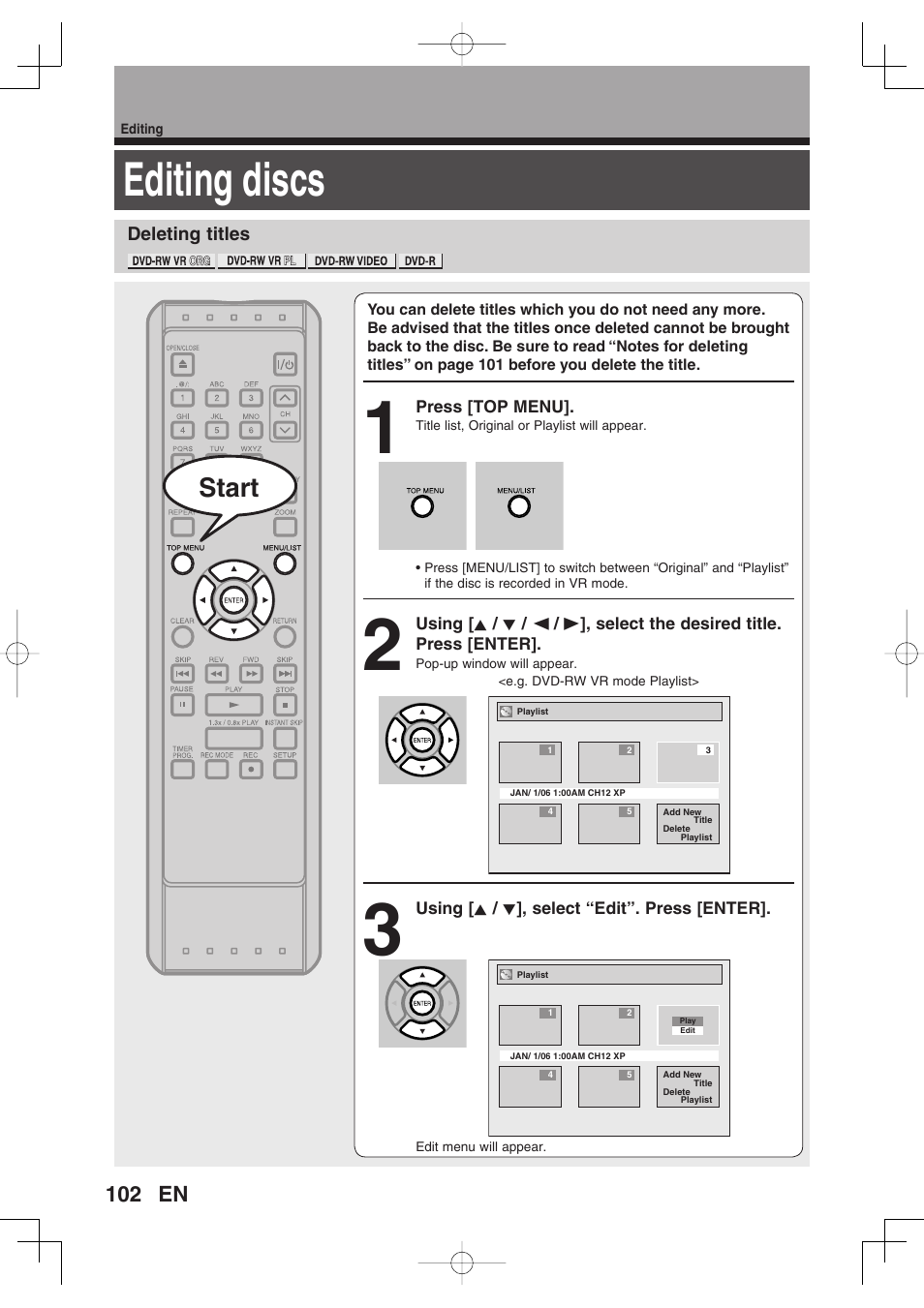 Editing discs, Start | Toshiba D-RW2SU/D-RW2SC User Manual | Page 102 / 159