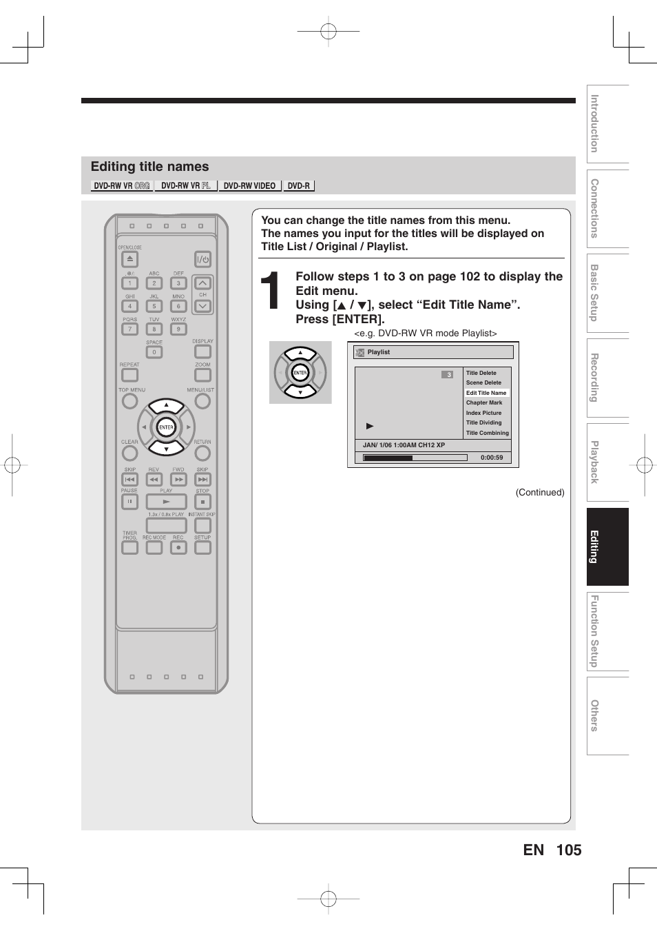 Editing title names | Toshiba D-RW2SU/D-RW2SC User Manual | Page 105 / 159