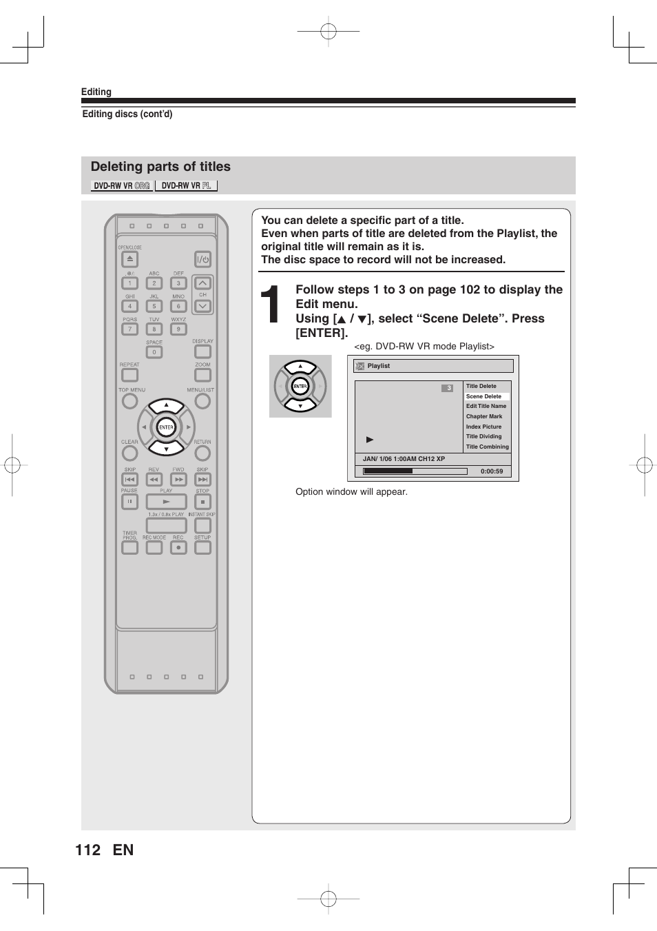 Deleting parts of titles | Toshiba D-RW2SU/D-RW2SC User Manual | Page 112 / 159