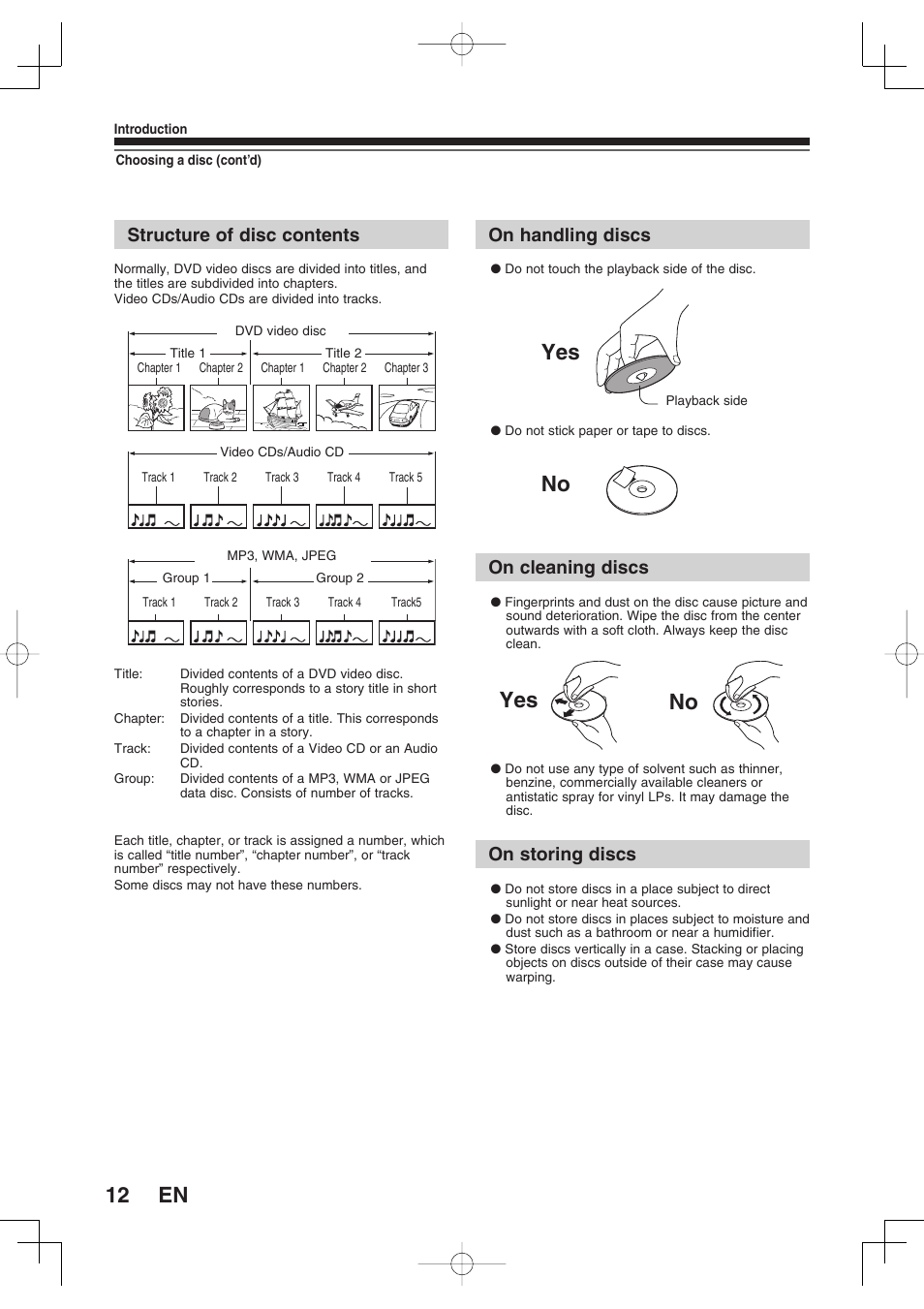 No yes, Structure of disc contents, On handling discs | On cleaning discs, On storing discs | Toshiba D-RW2SU/D-RW2SC User Manual | Page 12 / 159