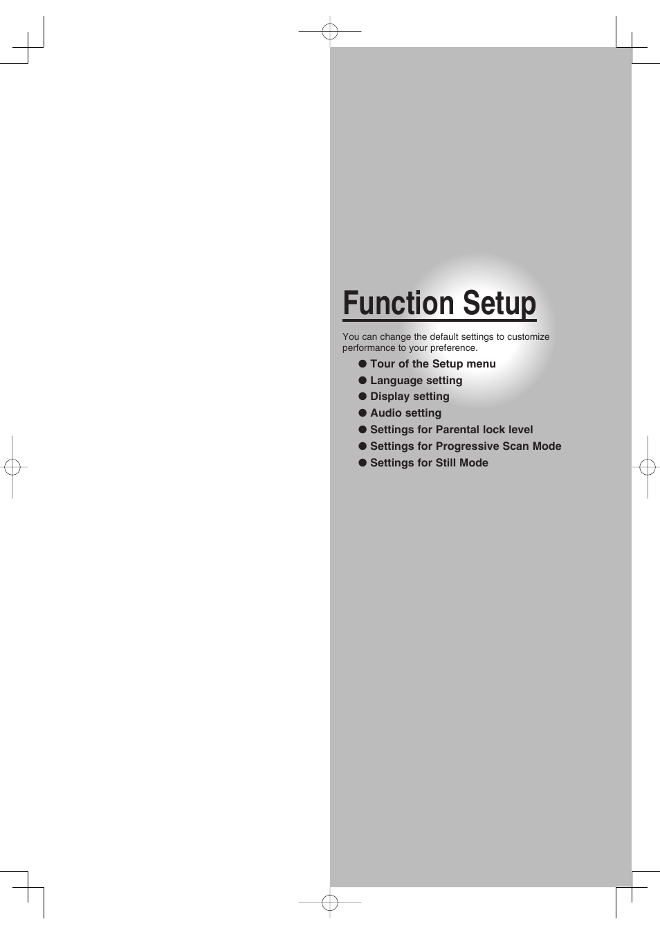 Function setup | Toshiba D-RW2SU/D-RW2SC User Manual | Page 129 / 159