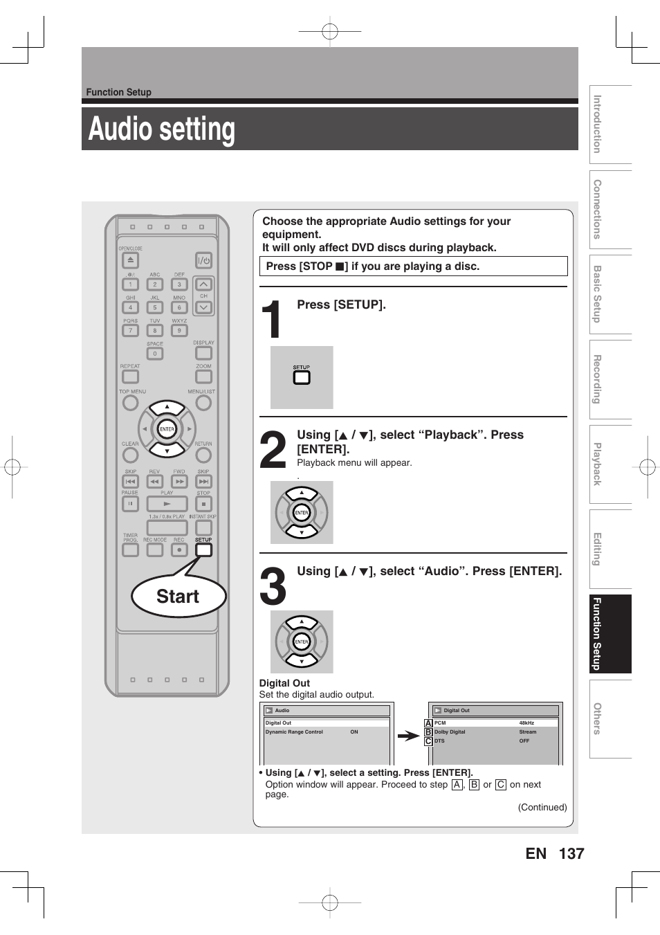 Audio setting, Start | Toshiba D-RW2SU/D-RW2SC User Manual | Page 137 / 159