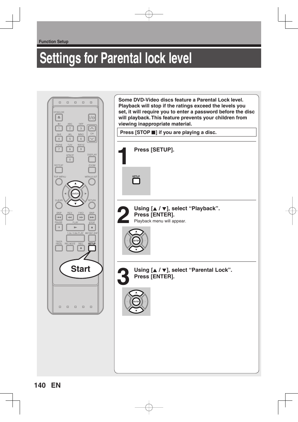 Settings for parental lock level | Toshiba D-RW2SU/D-RW2SC User Manual | Page 140 / 159