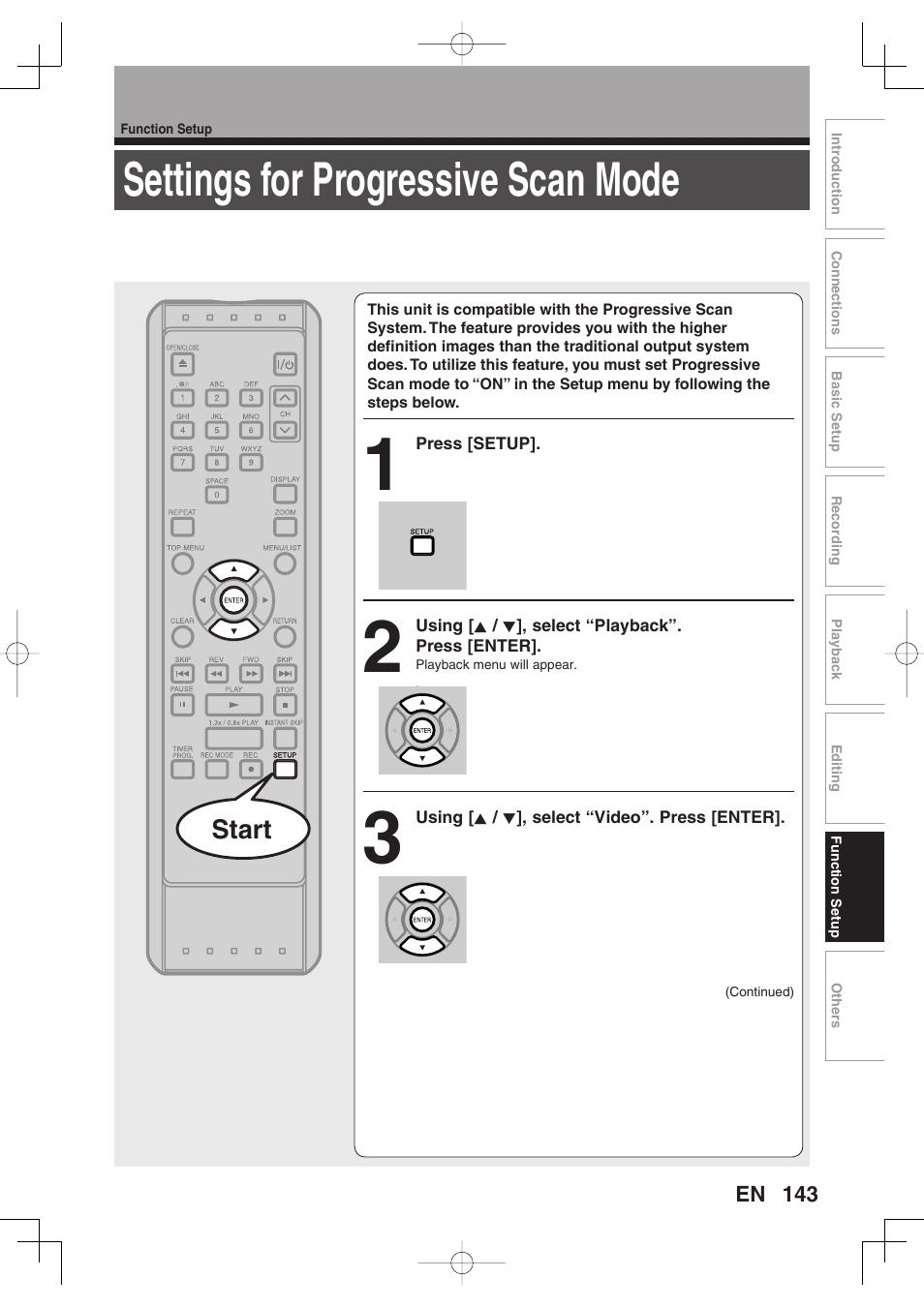 Settings for progressive scan mode | Toshiba D-RW2SU/D-RW2SC User Manual | Page 143 / 159