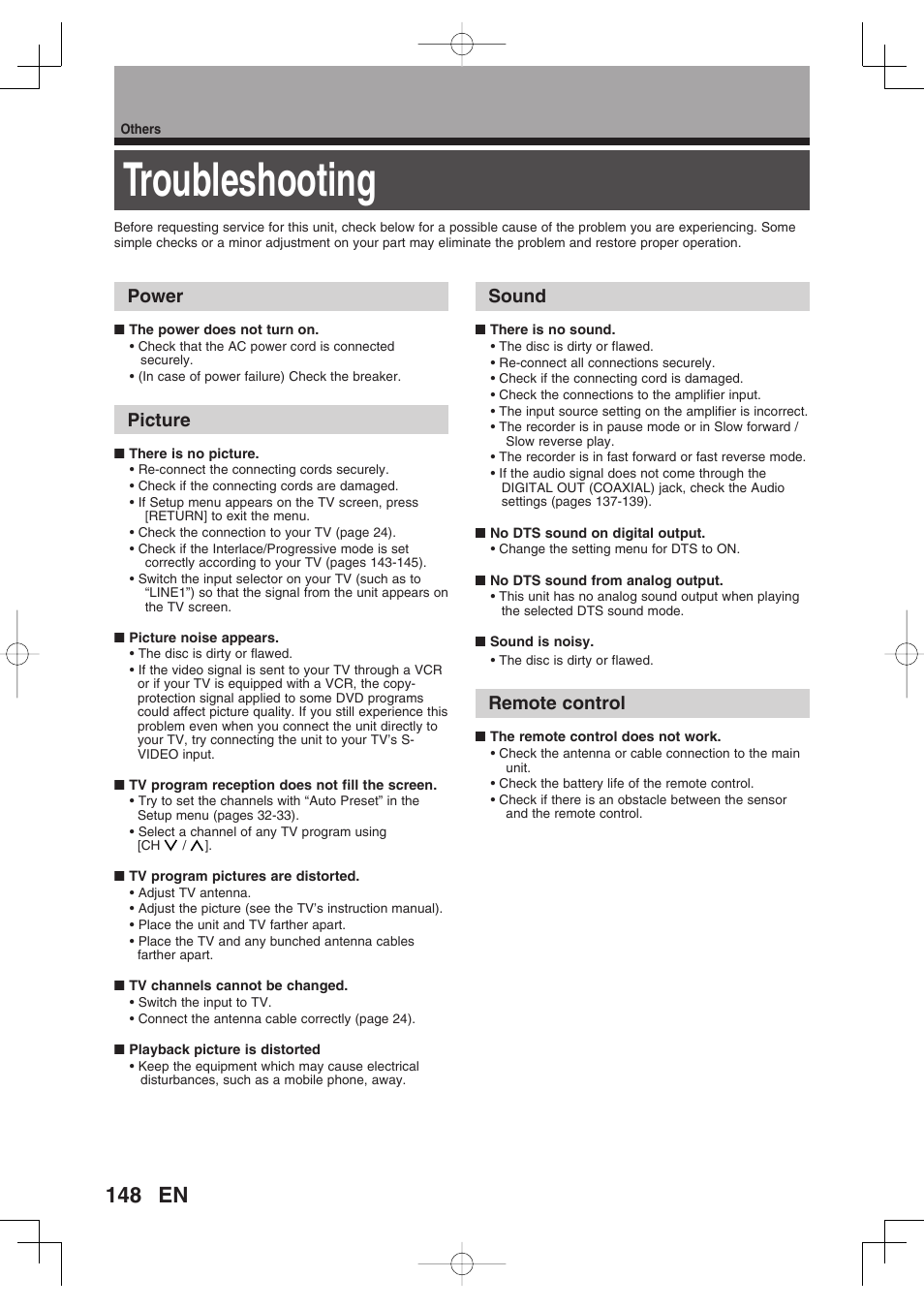 Troubleshooting, Power, Picture | Sound, Remote control | Toshiba D-RW2SU/D-RW2SC User Manual | Page 148 / 159