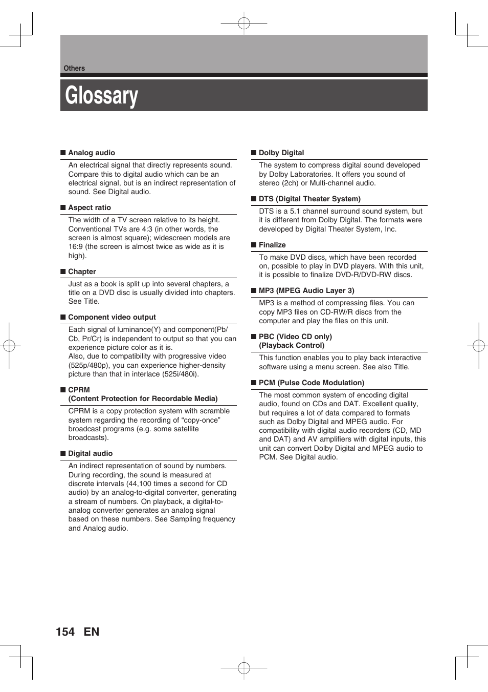 Glossary | Toshiba D-RW2SU/D-RW2SC User Manual | Page 154 / 159