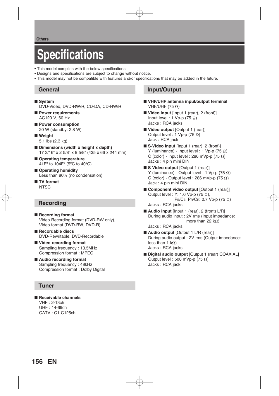 Specifi cations, General, Recording | Tuner, Input/output | Toshiba D-RW2SU/D-RW2SC User Manual | Page 156 / 159