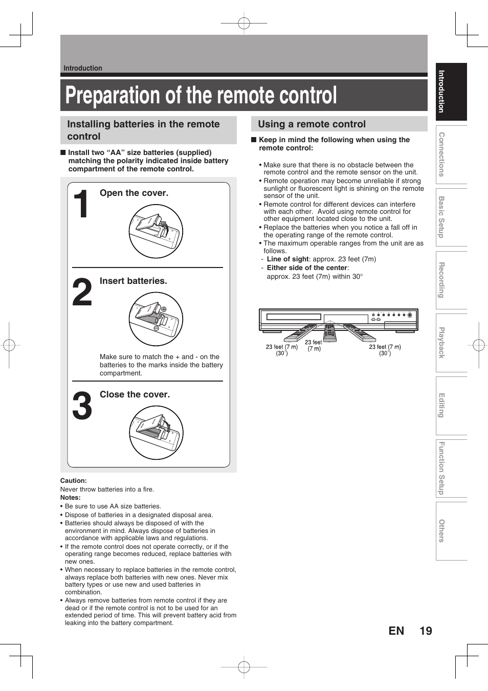 Preparation of the remote control | Toshiba D-RW2SU/D-RW2SC User Manual | Page 19 / 159