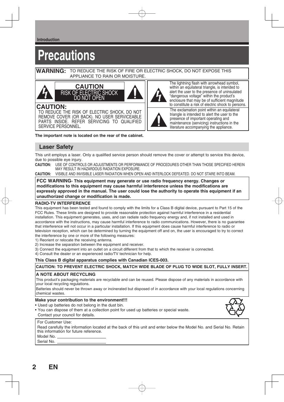 Precautions, Caution, Caution risk of electric shock do not open | Warning, Laser safety | Toshiba D-RW2SU/D-RW2SC User Manual | Page 2 / 159
