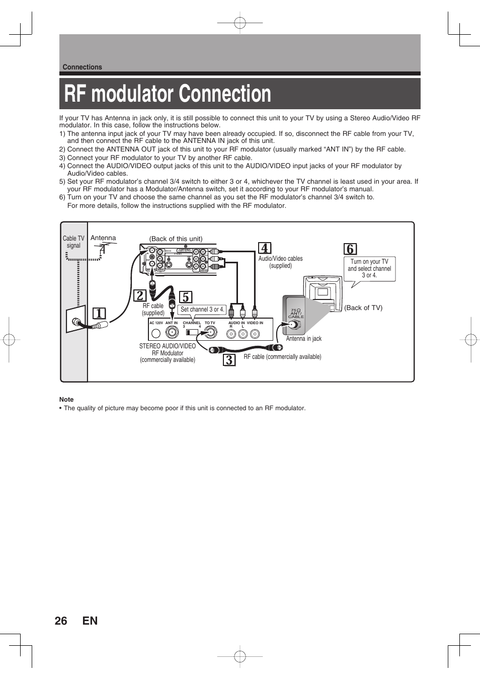 Rf modulator connection, Connections | Toshiba D-RW2SU/D-RW2SC User Manual | Page 26 / 159