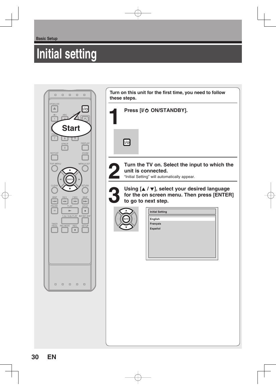 Initial setting | Toshiba D-RW2SU/D-RW2SC User Manual | Page 30 / 159