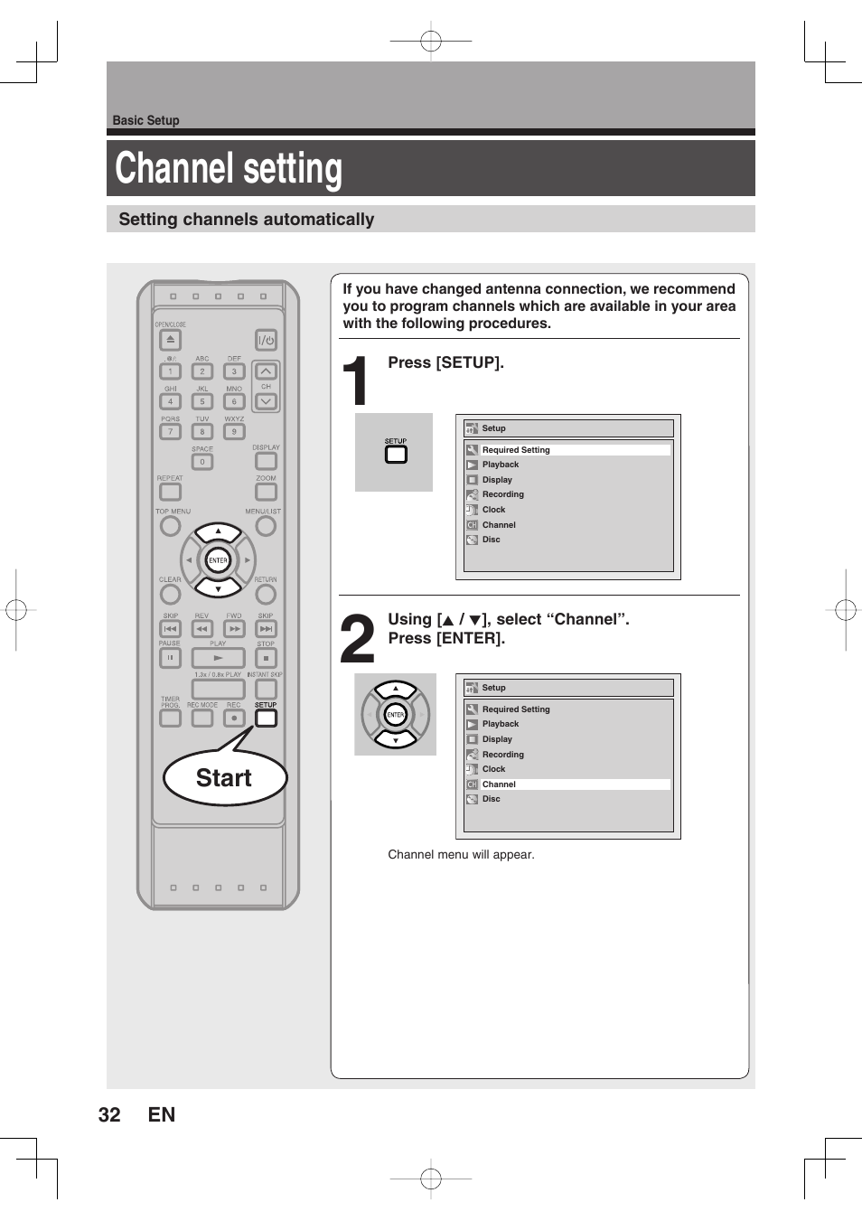 Channel setting, Start | Toshiba D-RW2SU/D-RW2SC User Manual | Page 32 / 159