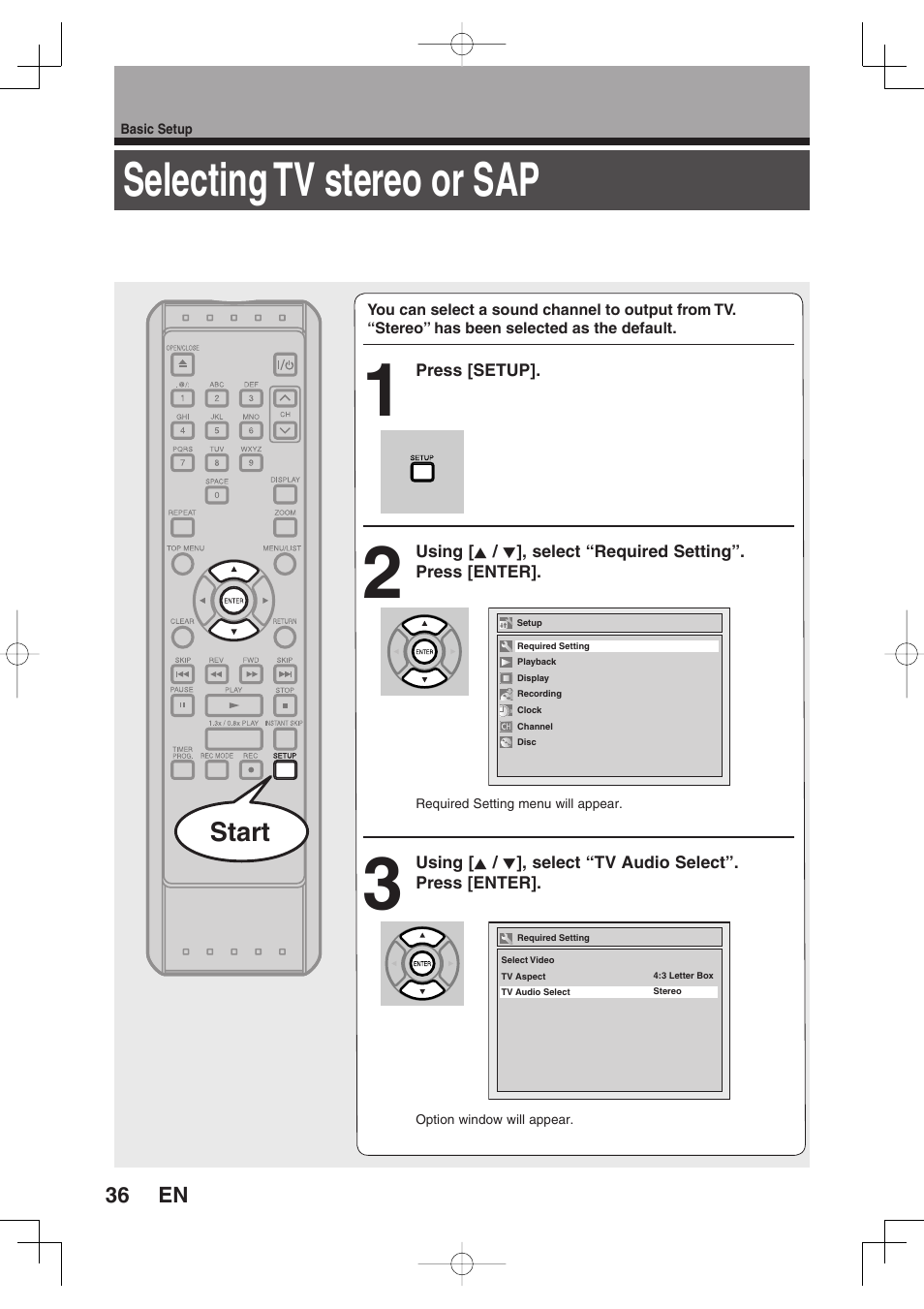 Selecting tv stereo or sap, Start | Toshiba D-RW2SU/D-RW2SC User Manual | Page 36 / 159