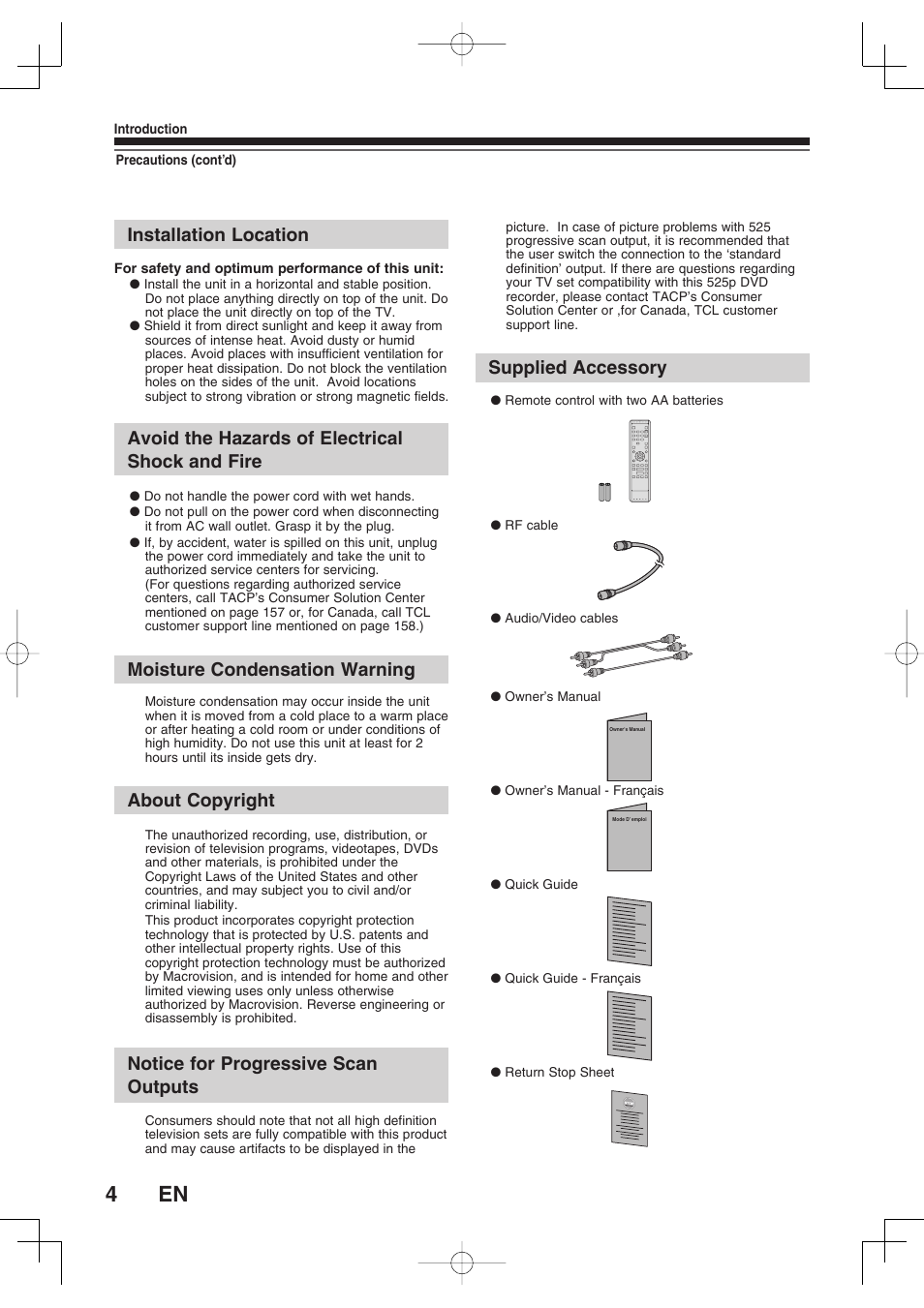 Installation location, Avoid the hazards of electrical shock and fire, Moisture condensation warning | About copyright, Notice for progressive scan outputs, Supplied accessory | Toshiba D-RW2SU/D-RW2SC User Manual | Page 4 / 159