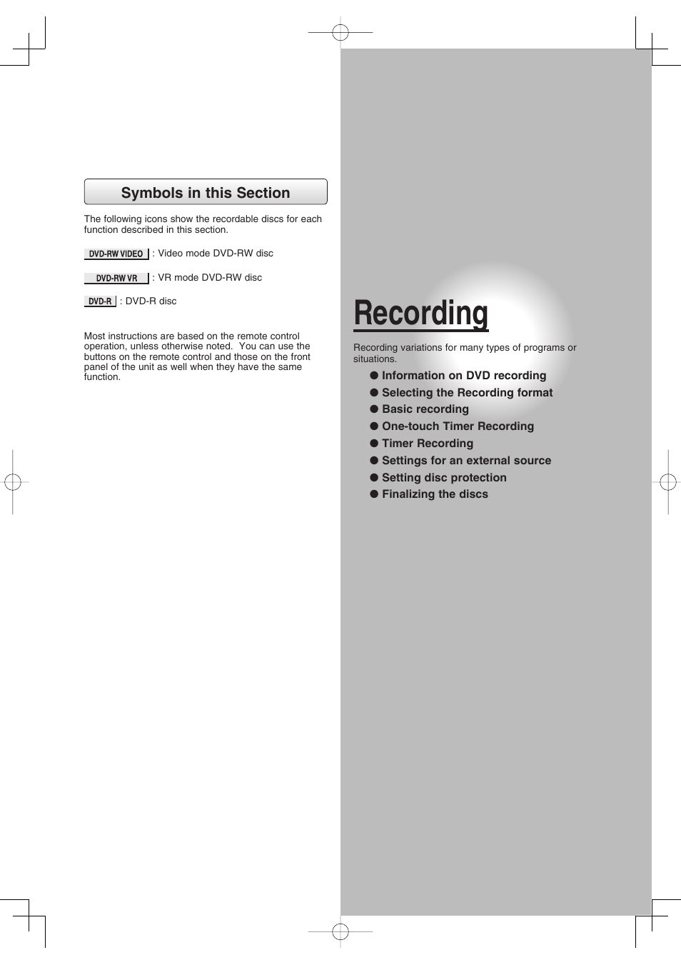 Recording | Toshiba D-RW2SU/D-RW2SC User Manual | Page 49 / 159