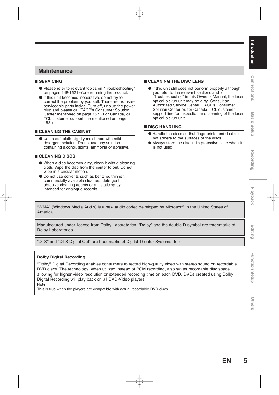 Maintenance | Toshiba D-RW2SU/D-RW2SC User Manual | Page 5 / 159