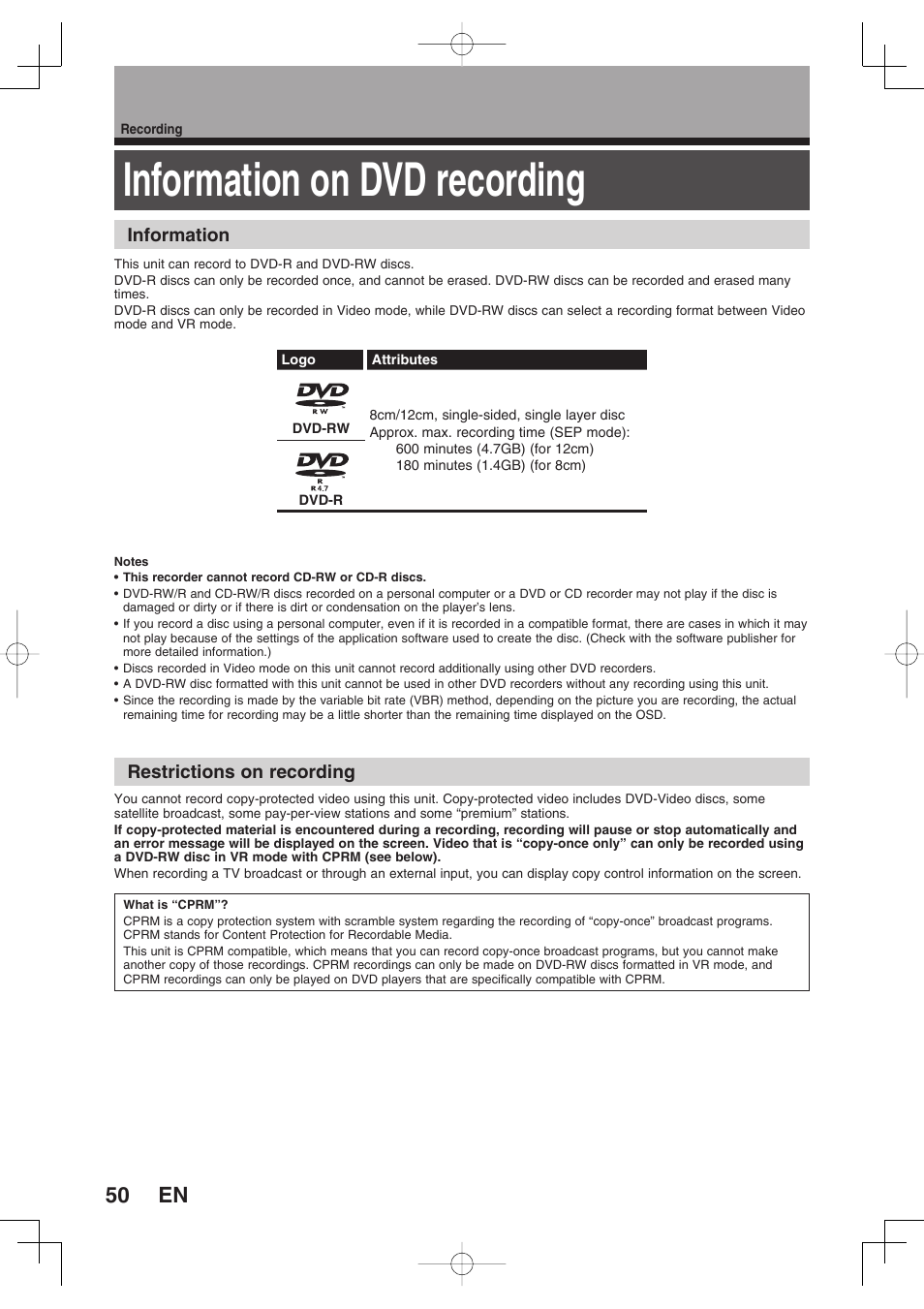 Information on dvd recording, Restrictions on recording, Information | Toshiba D-RW2SU/D-RW2SC User Manual | Page 50 / 159