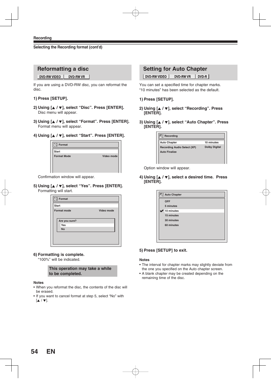 Reformatting a disc, Setting for auto chapter | Toshiba D-RW2SU/D-RW2SC User Manual | Page 54 / 159