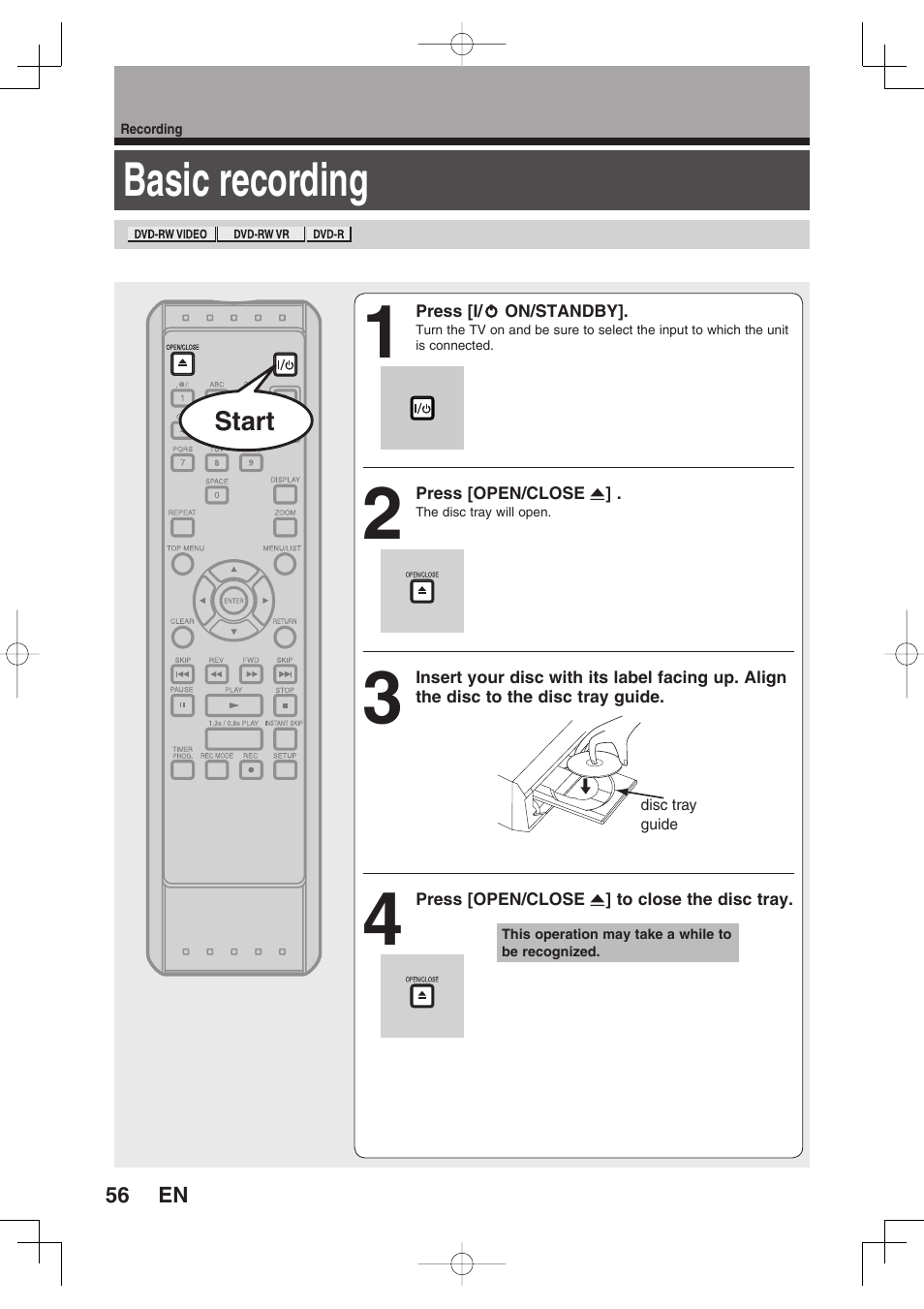 Basic recording | Toshiba D-RW2SU/D-RW2SC User Manual | Page 56 / 159