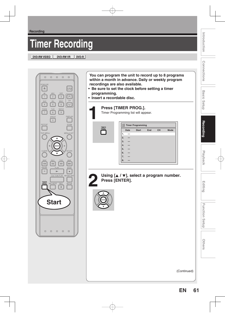 Timer recording, Start | Toshiba D-RW2SU/D-RW2SC User Manual | Page 61 / 159