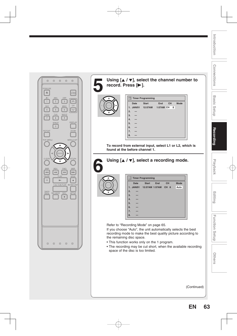 Using [ k / l ], select a recording mode | Toshiba D-RW2SU/D-RW2SC User Manual | Page 63 / 159