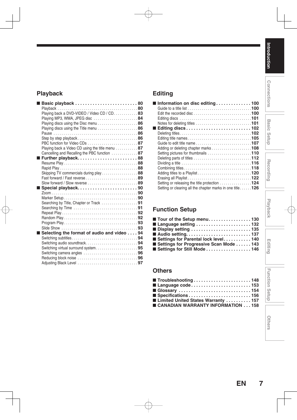 Playback, Editing, Function setup | Others | Toshiba D-RW2SU/D-RW2SC User Manual | Page 7 / 159