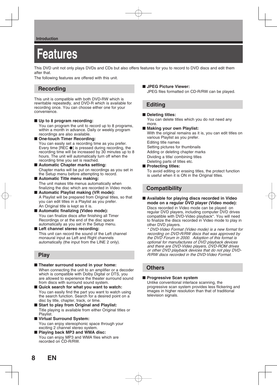 Features, Recording, Play | Editing, Compatibility, Others | Toshiba D-RW2SU/D-RW2SC User Manual | Page 8 / 159