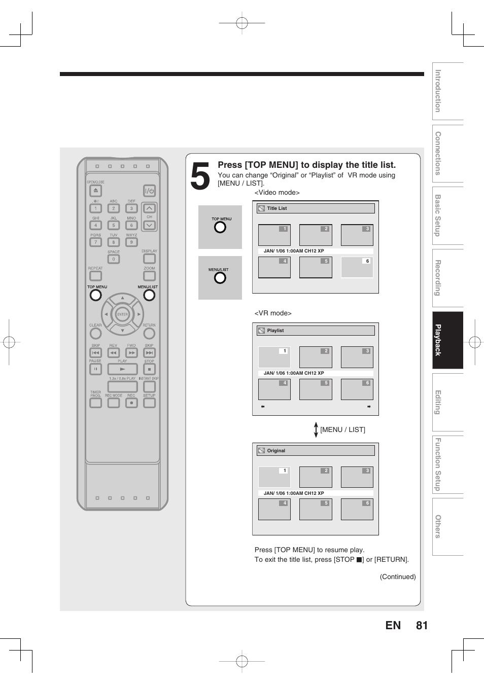 Press [top menu] to display the title list | Toshiba D-RW2SU/D-RW2SC User Manual | Page 81 / 159