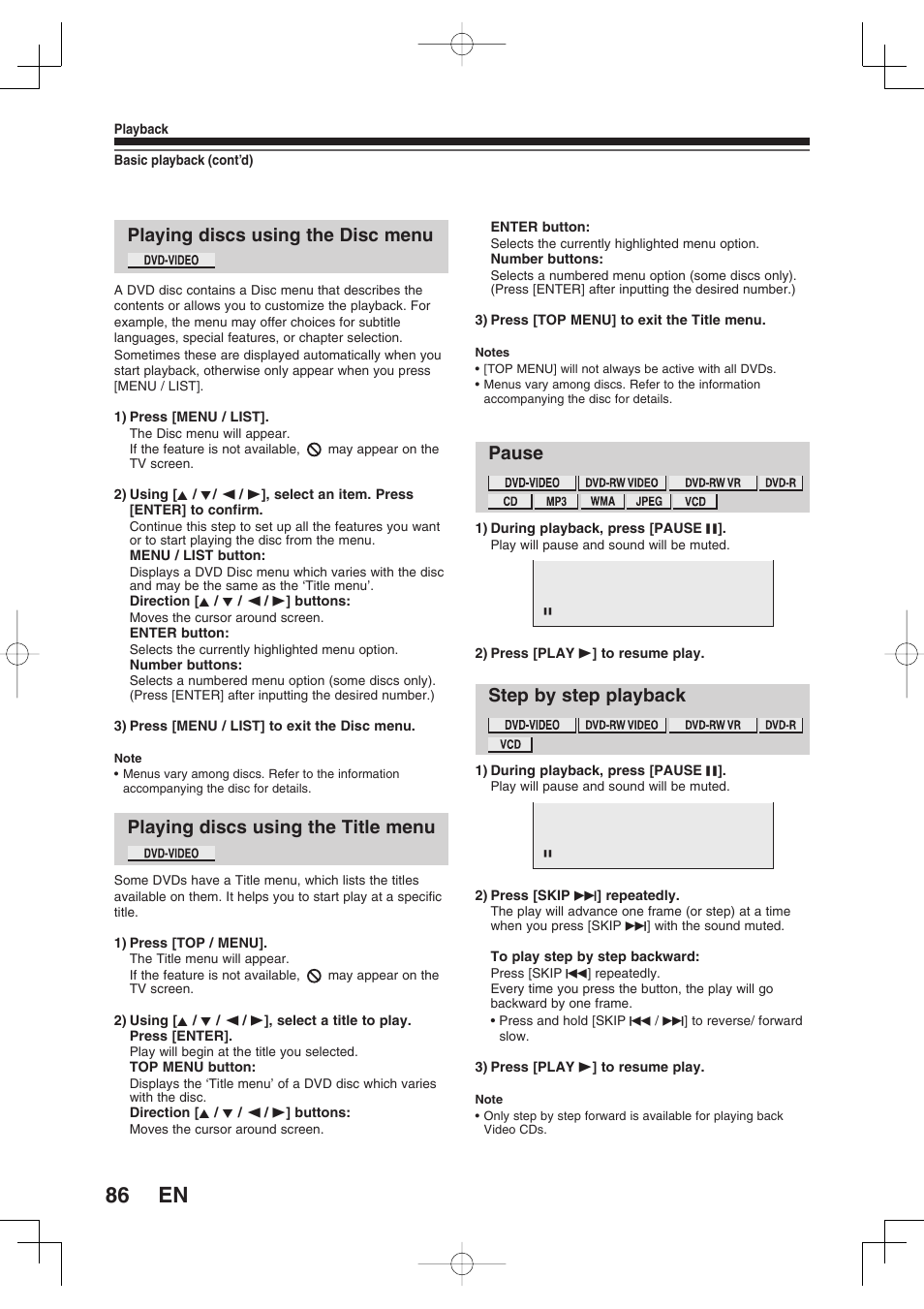 Playing discs using the disc menu, Playing discs using the title menu, Pause | Step by step playback | Toshiba D-RW2SU/D-RW2SC User Manual | Page 86 / 159