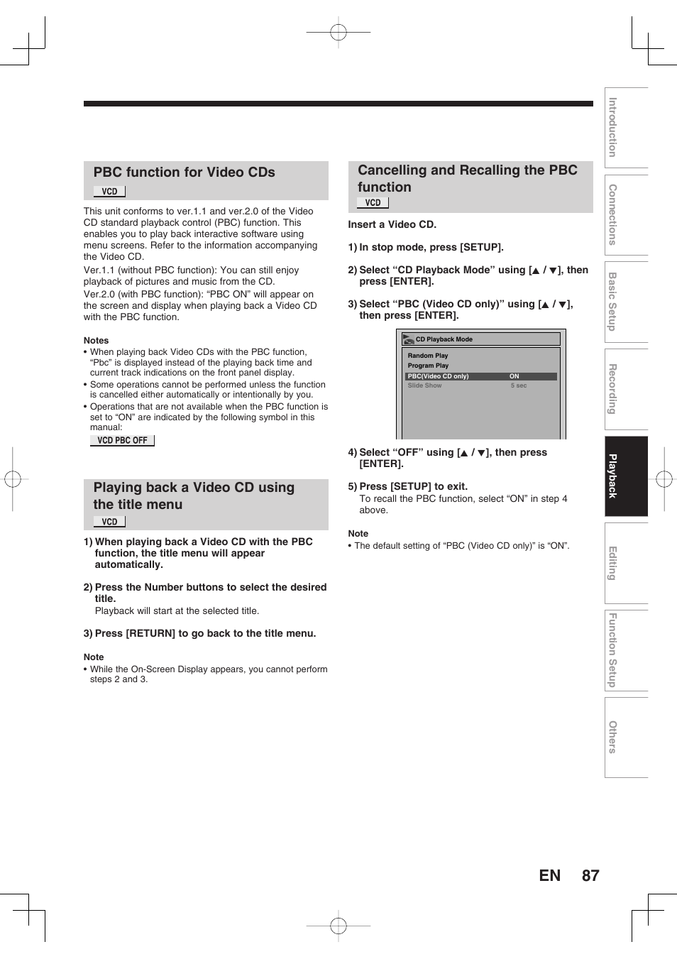 Pbc function for video cds, Playing back a video cd using the title menu, Cancelling and recalling the pbc function | Toshiba D-RW2SU/D-RW2SC User Manual | Page 87 / 159