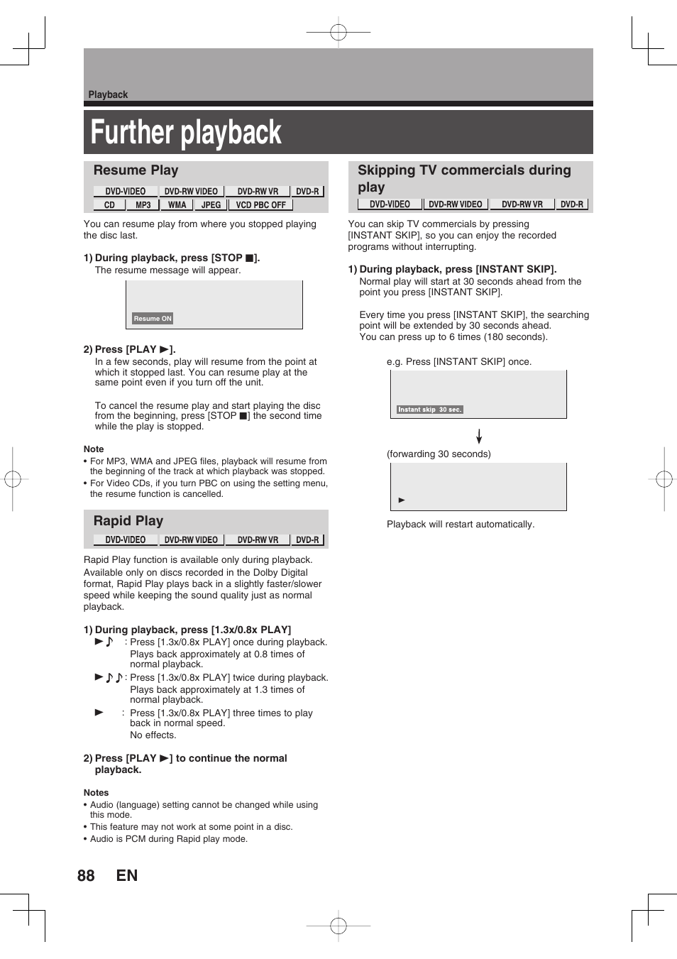 Further playback | Toshiba D-RW2SU/D-RW2SC User Manual | Page 88 / 159