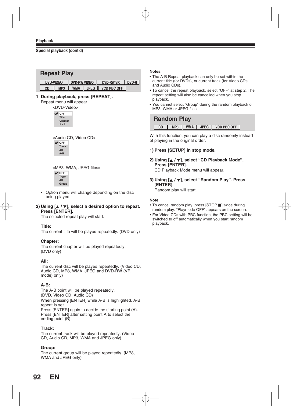 Repeat play, Random play | Toshiba D-RW2SU/D-RW2SC User Manual | Page 92 / 159