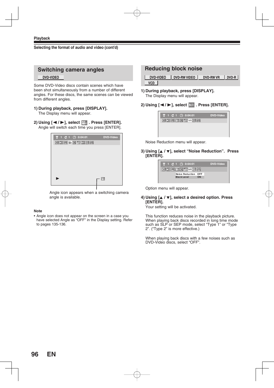 Switching camera angles, Reducing block noise | Toshiba D-RW2SU/D-RW2SC User Manual | Page 96 / 159