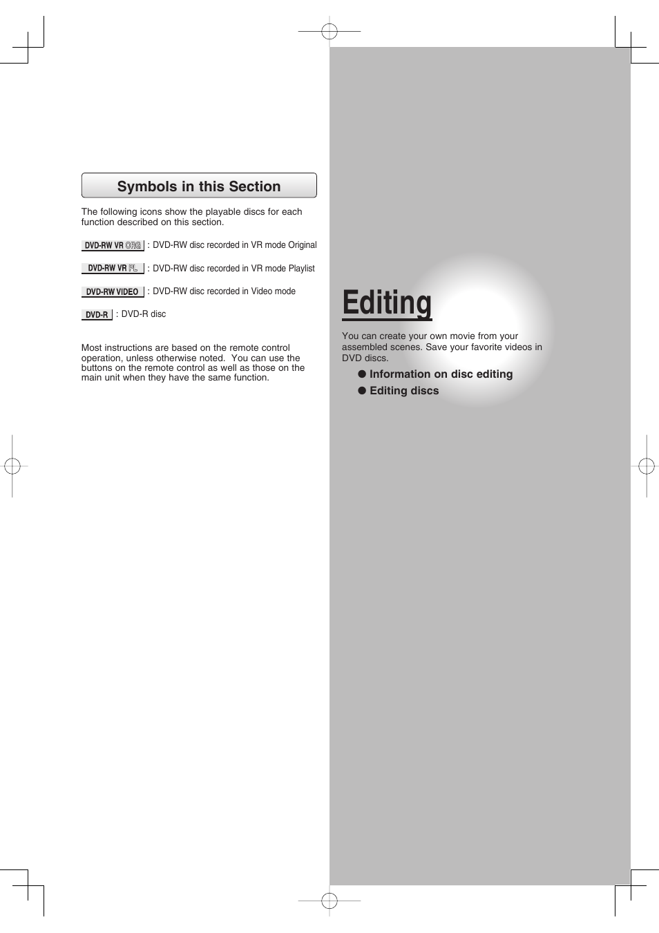 Editing | Toshiba D-RW2SU/D-RW2SC User Manual | Page 99 / 159