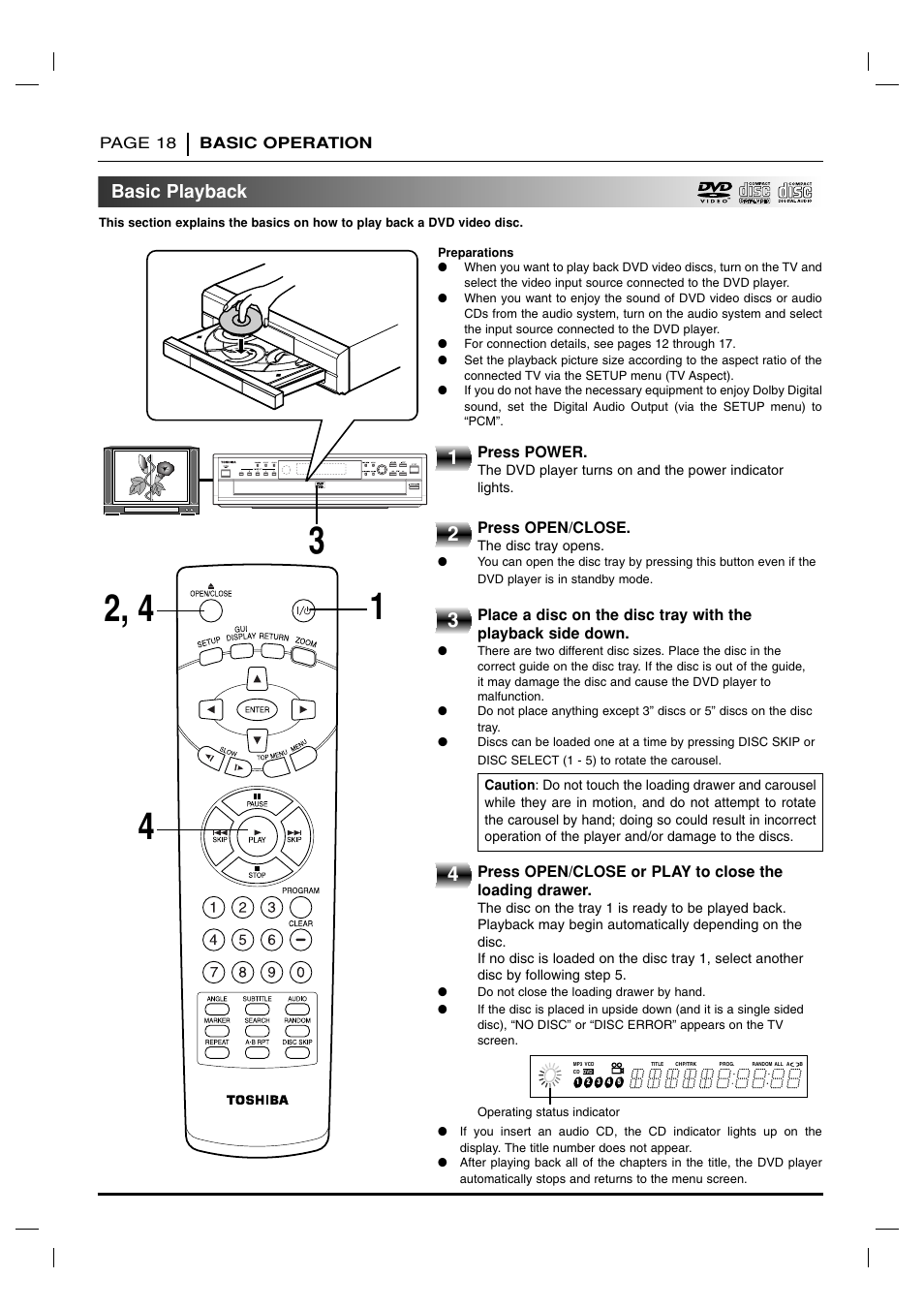 Basic operation, Basic playback | Toshiba SD 3755 User Manual | Page 18 / 48