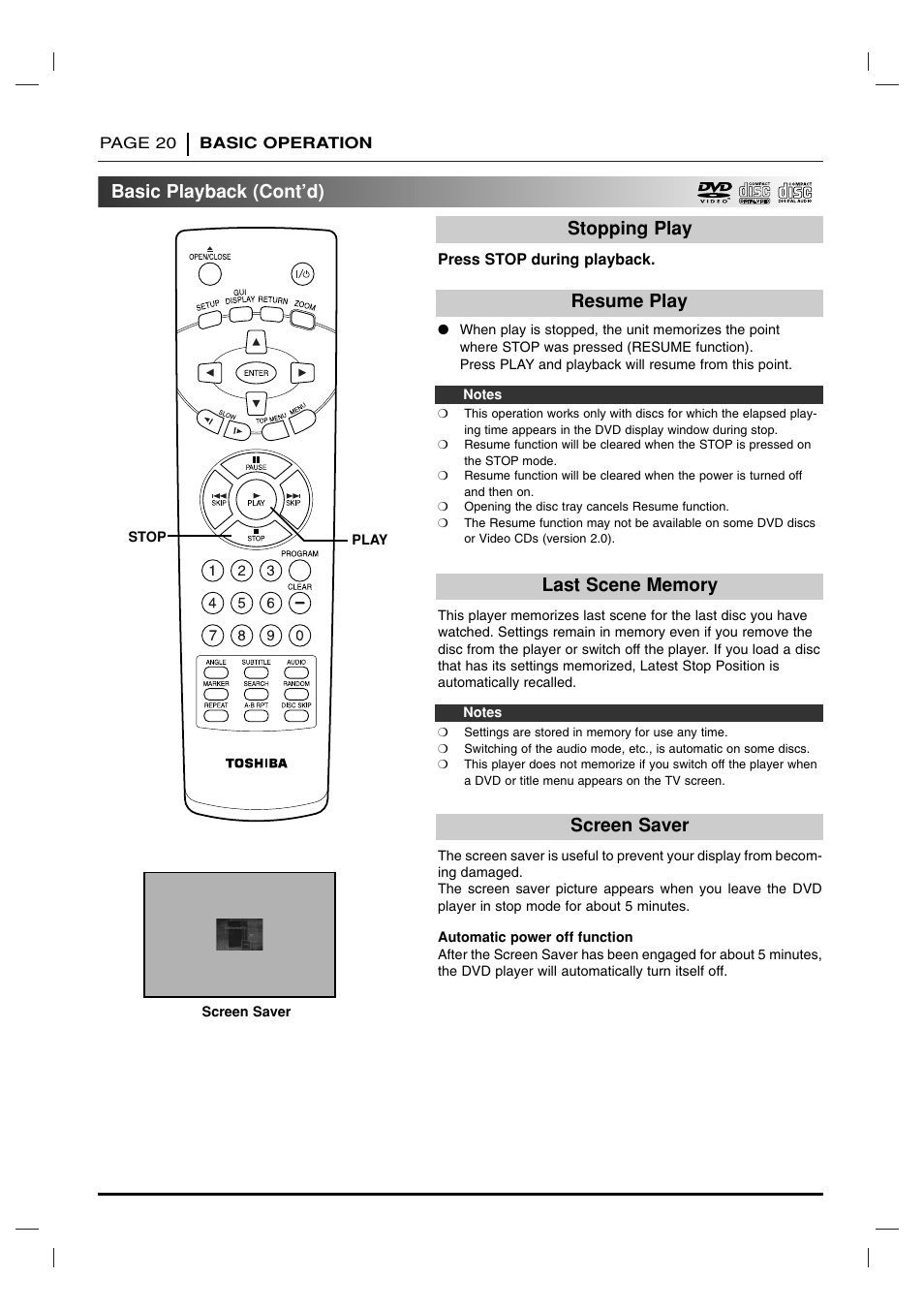 Basic playback (cont’d) | Toshiba SD 3755 User Manual | Page 20 / 48