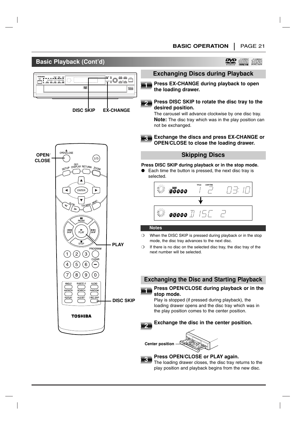 Basic playback (cont’d) | Toshiba SD 3755 User Manual | Page 21 / 48