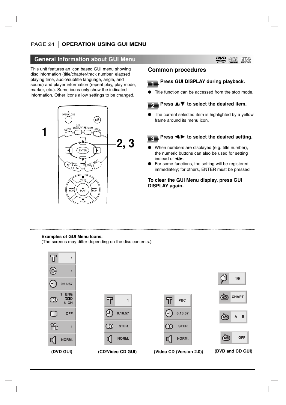 Operation using gui menu, General information, General information about gui menu | Common procedures | Toshiba SD 3755 User Manual | Page 24 / 48