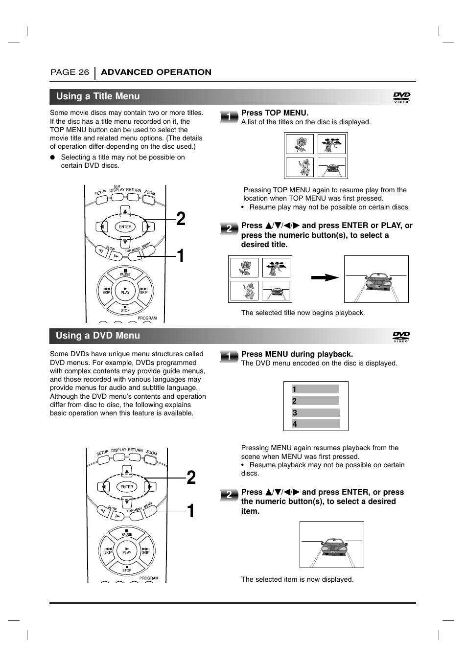 Advanced operation, Using a title menu / using a dvd menu | Toshiba SD 3755 User Manual | Page 26 / 48