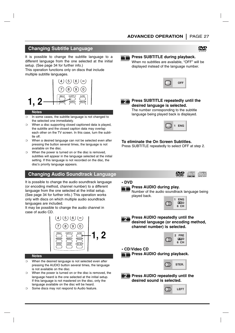 Changing subtitle / audio soundtrack language, Changing subtitle language, Changing audio soundtrack language | Toshiba SD 3755 User Manual | Page 27 / 48